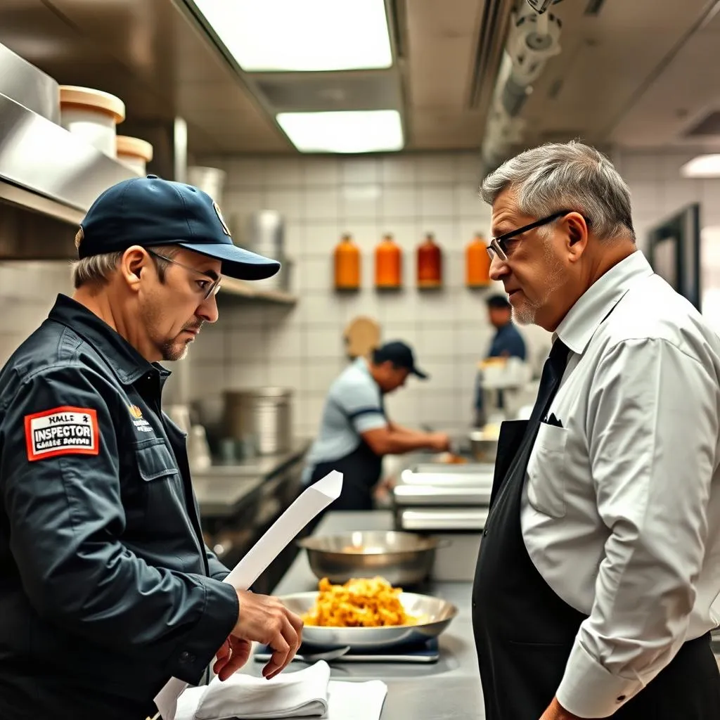 Inspector revisando una cocina de restaurante durante una auditoría